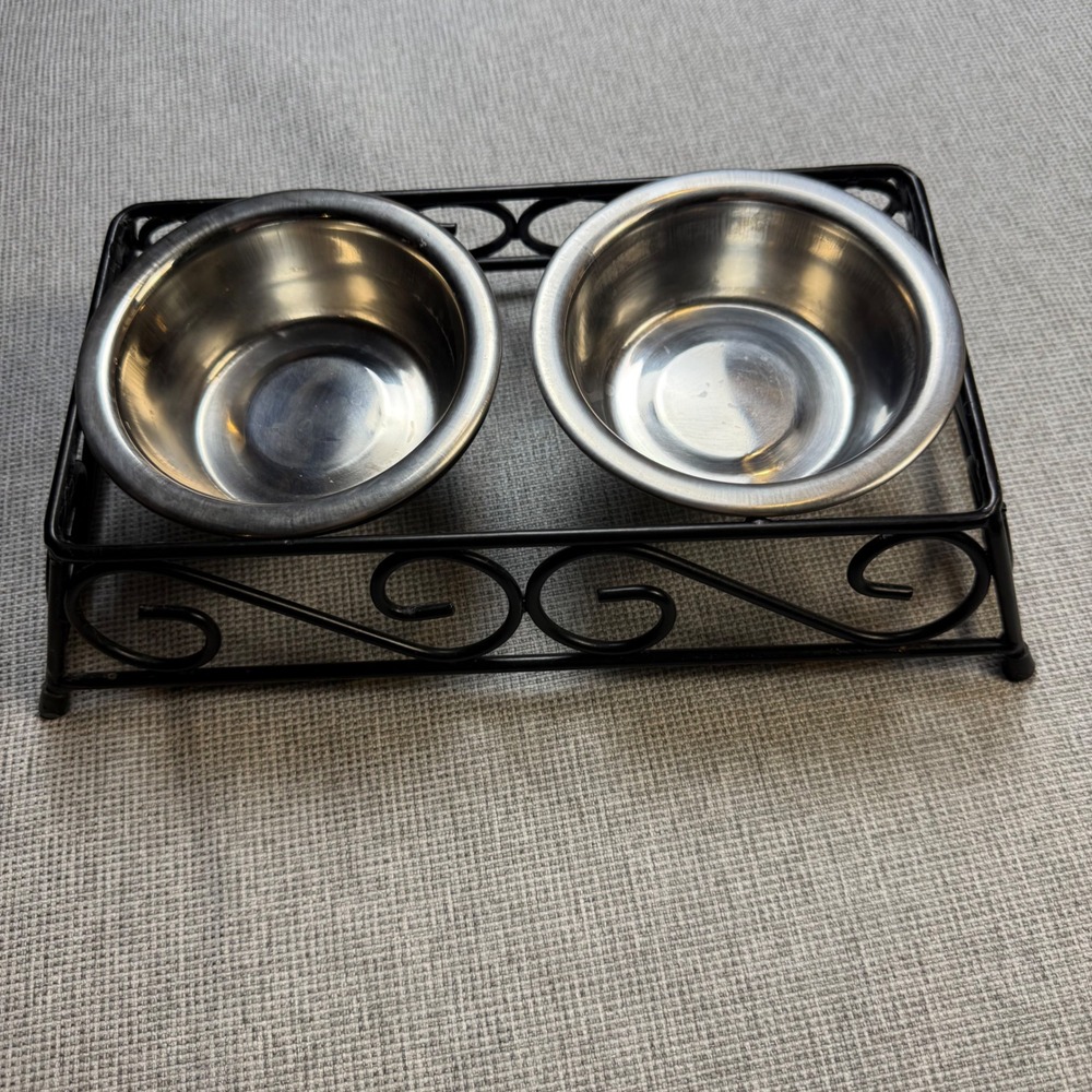 Elevated Double Pet Feeder Black Wrought Iron Scroll Stand Stainless Steel Bowls